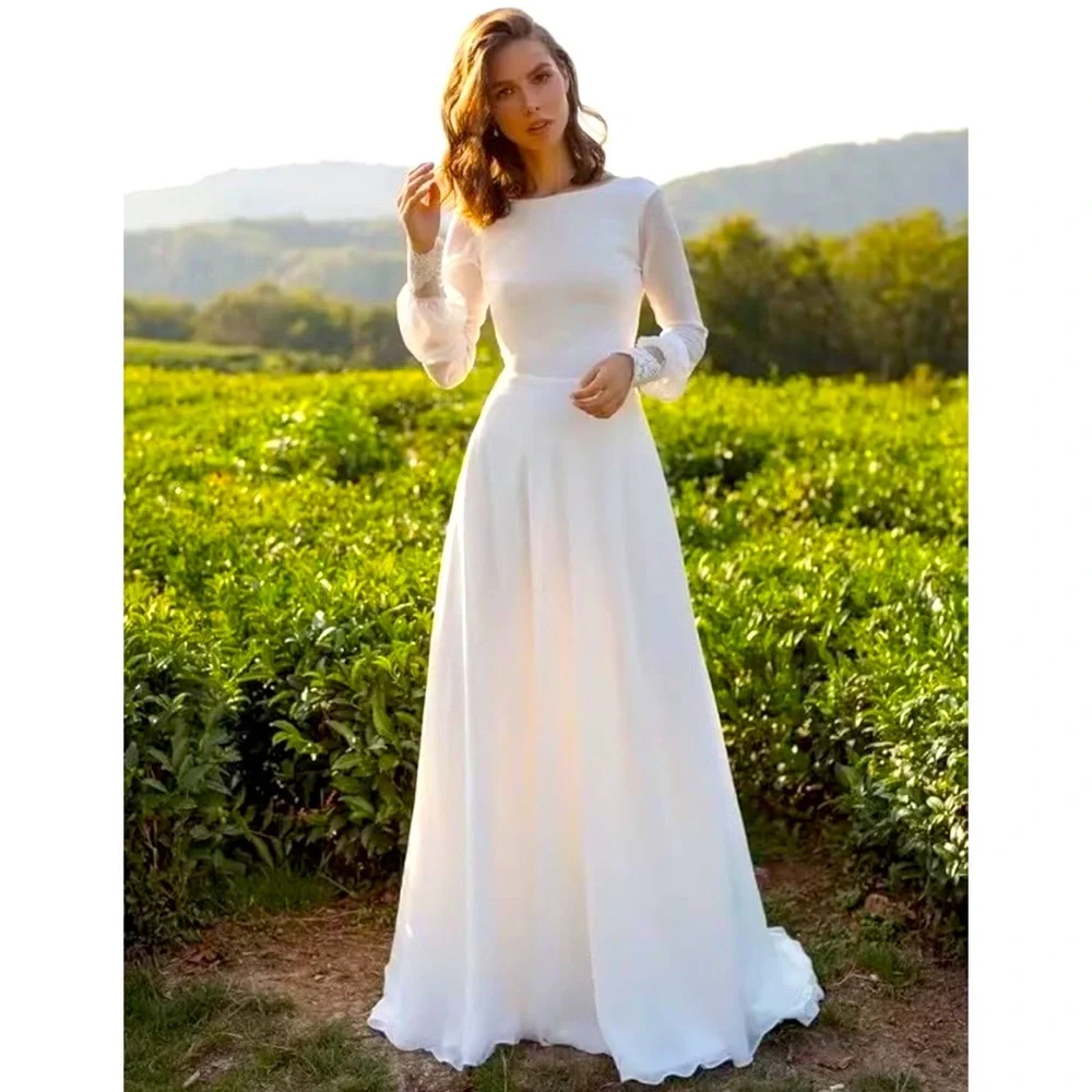 Chiffon long sleeve with lace cuffs boho wedding dress size 10 - Picture 1 of 9